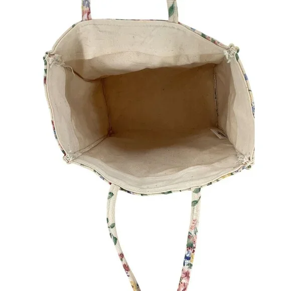 LONGABERGER HOMESTEAD Lined Tote Bag Ivory Color Floral With Embroidered Pocket - Picture 13 of 14